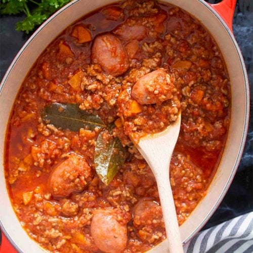 Overhead shot of a pot of Calabrese-Style Meat Sauce (Ragu alla Calabrese)
