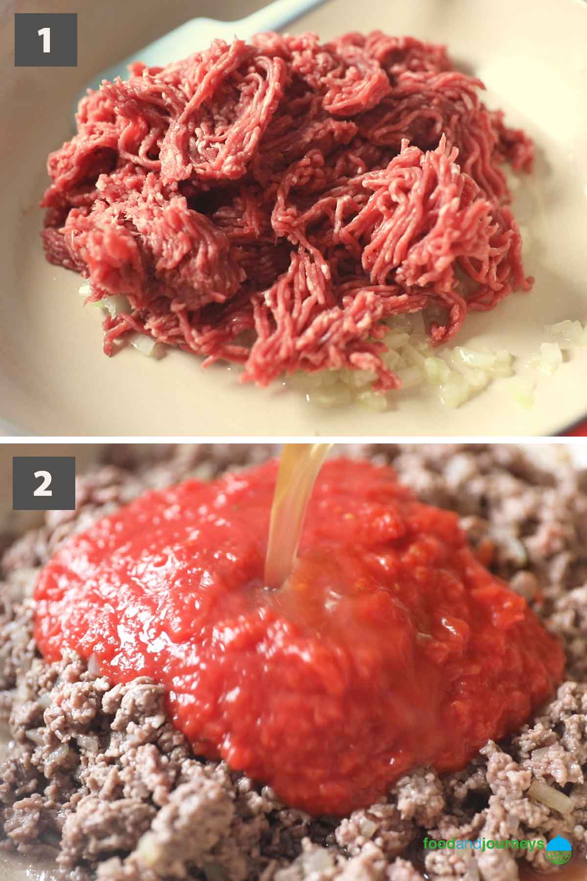 First part of a collage of images showing the step by step process on how to make beef picadillo at home.
