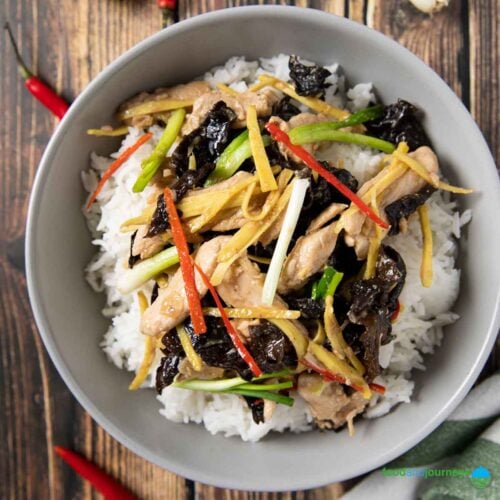 Feature image for Thai Ginger Chicken (Gai Pad King), showing it served with plain white rice.