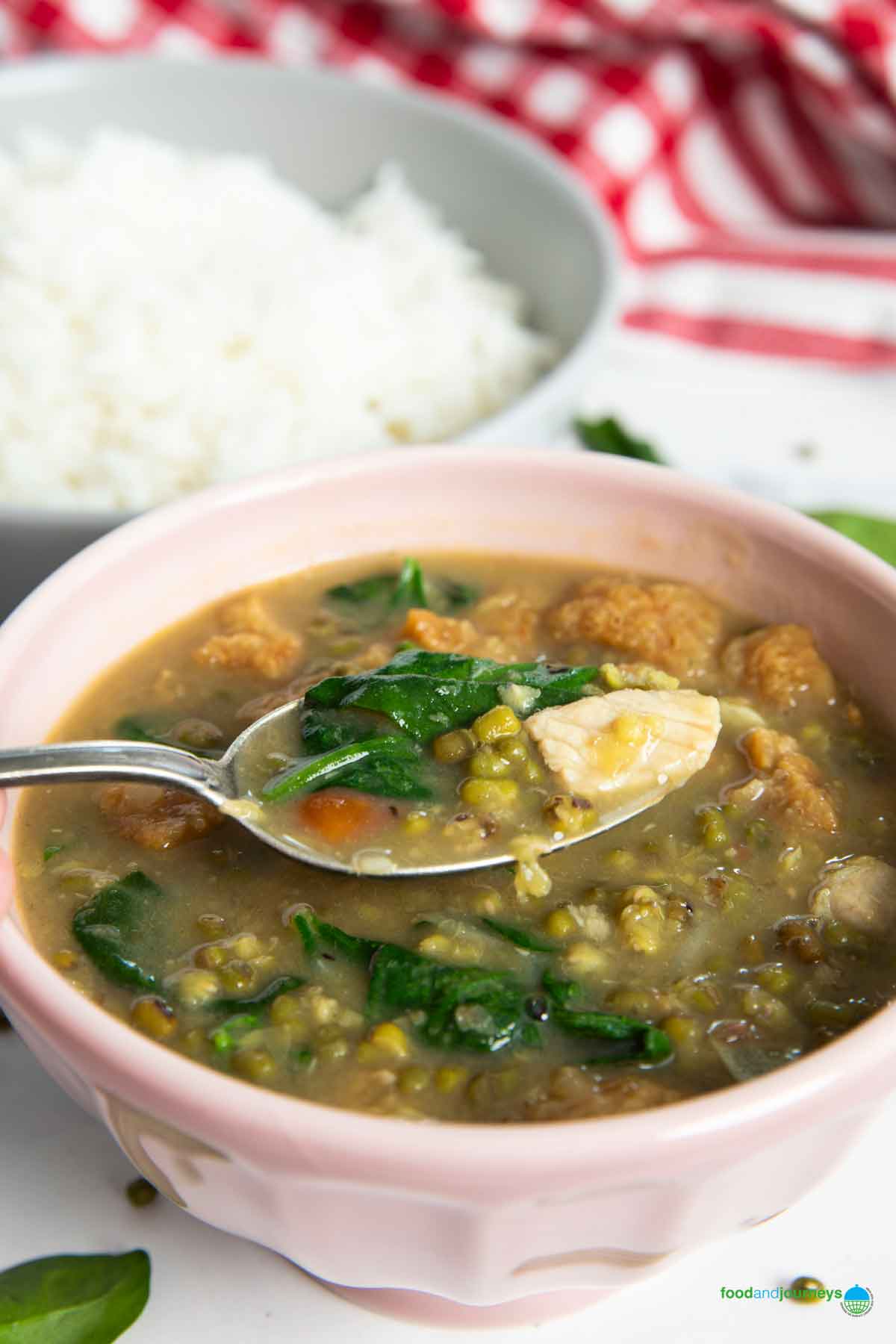 A spoonful of ginisang munggo, highlighting the beans and pork in the soup.
