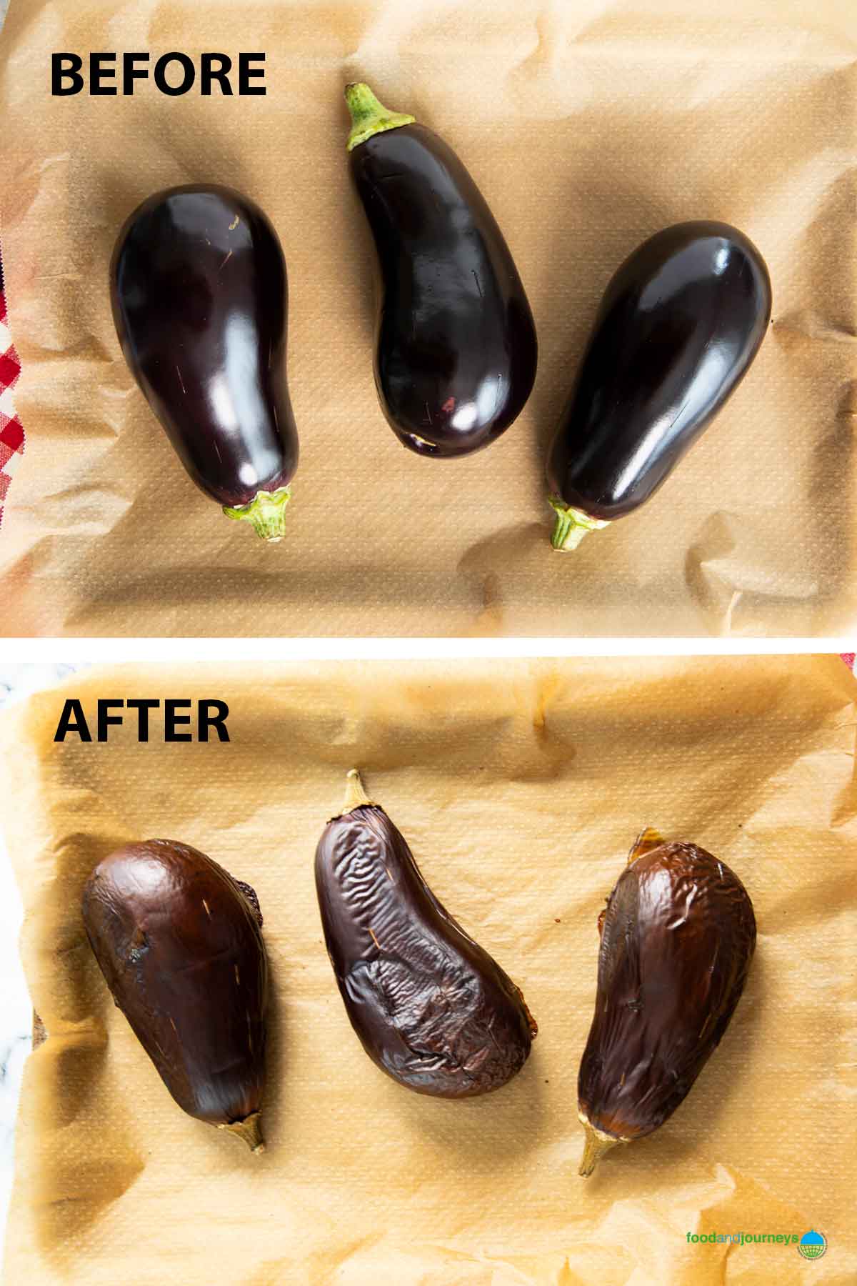 Whole eggplants before and after roasting.