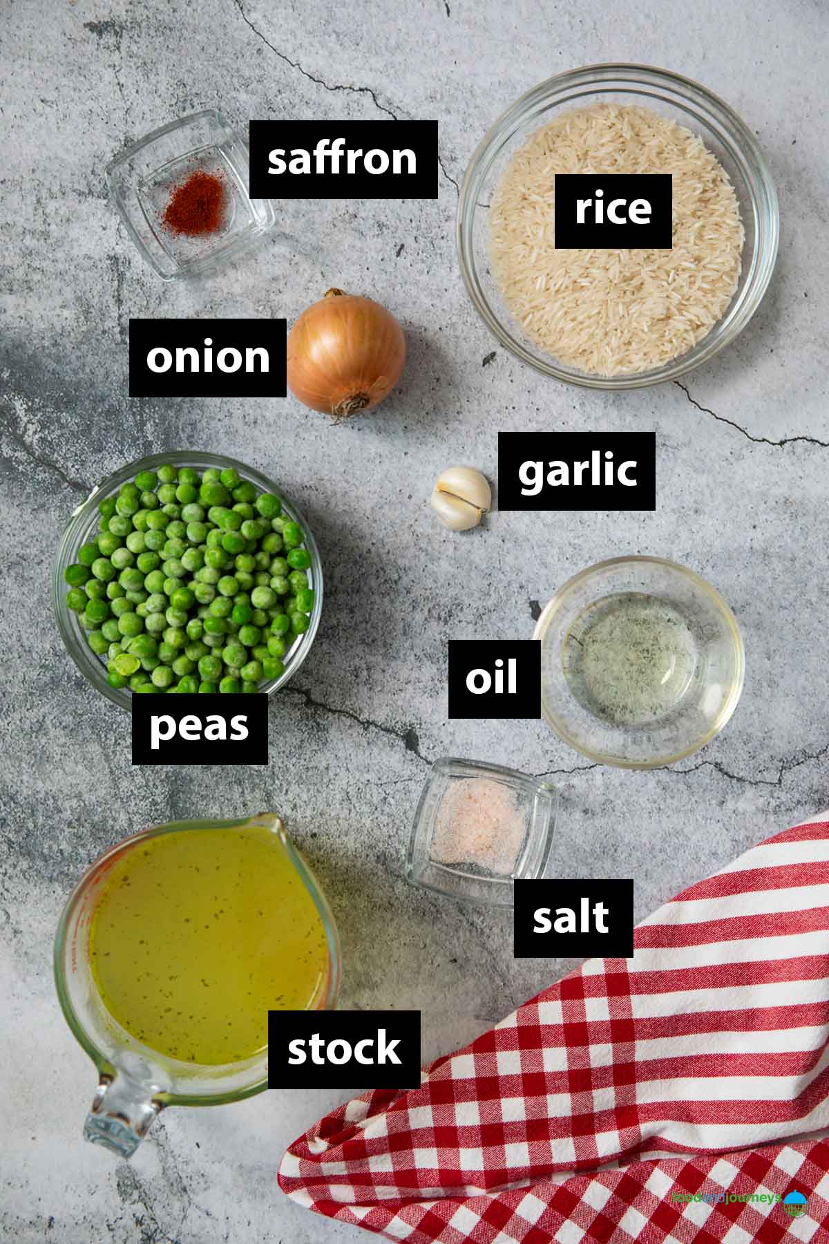 All the ingredients you need to make Spanish yellow rice at home.
