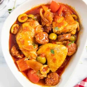 A plate of Spanish Chicken and Chorizo stew, a classic favourite in Spanish homes.