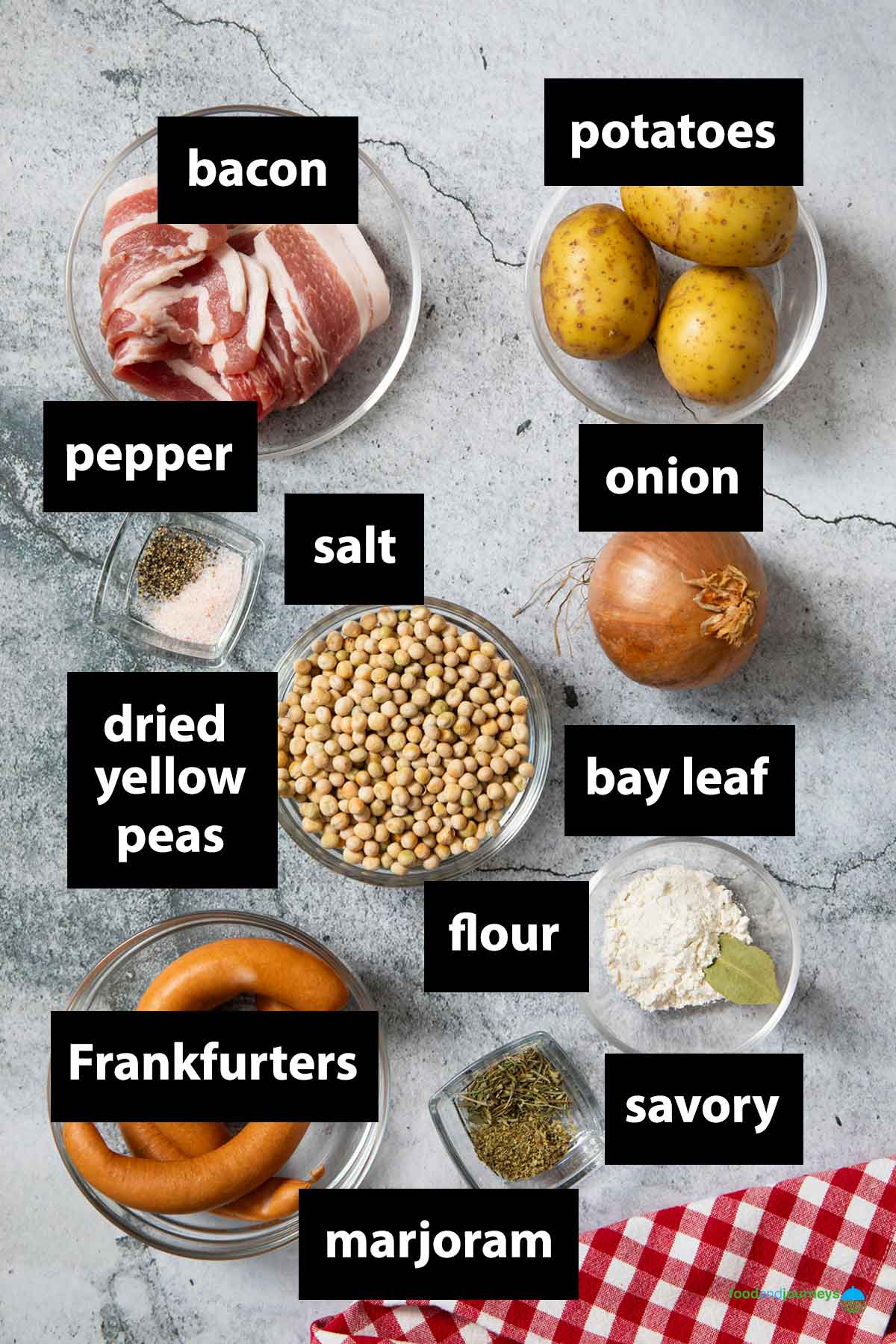All the ingredients you need to make a traditional German pea soup at home.