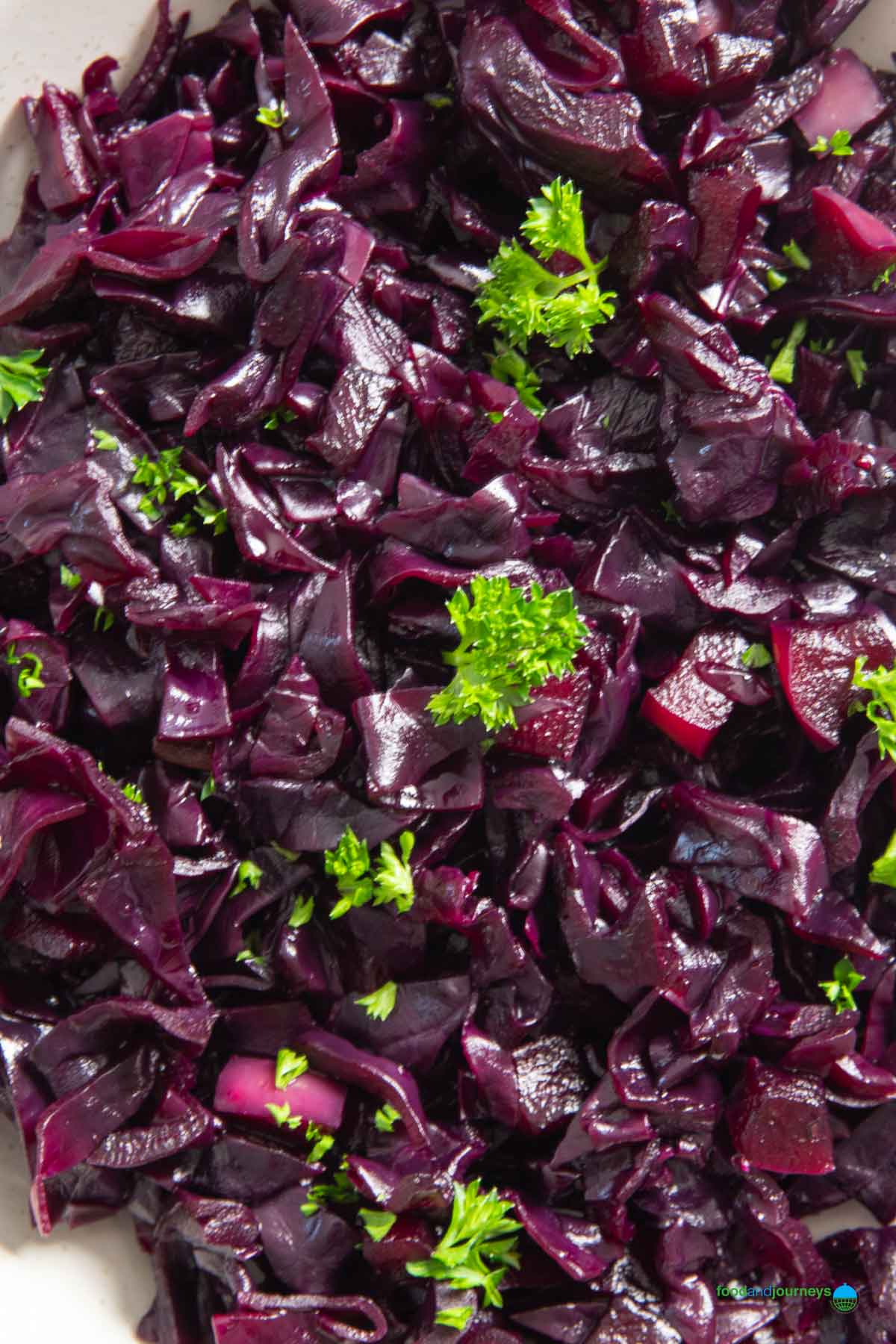 A closer shot of the braised redd cabbage, highlighting its texture.