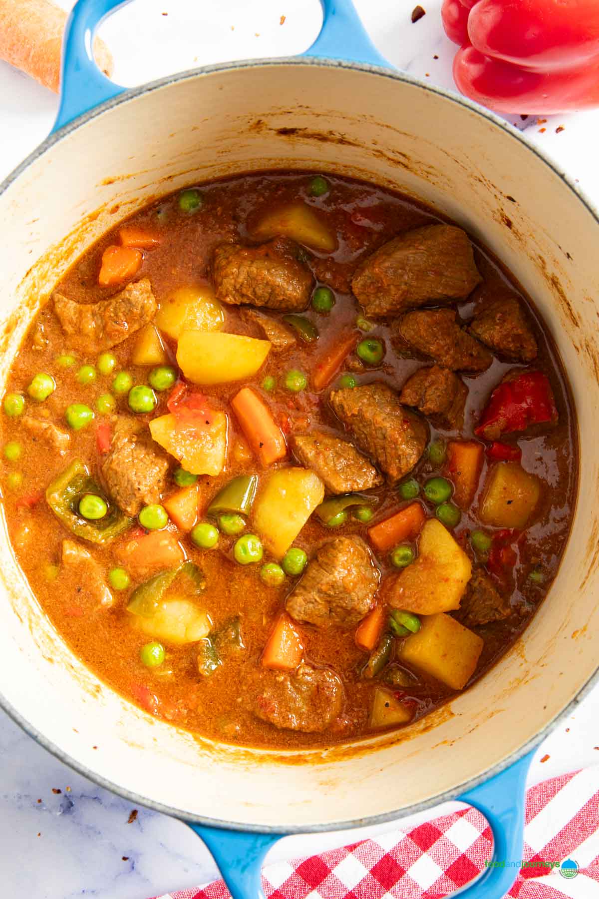 A one-pot dish of Filipino kaldereta made with beef.