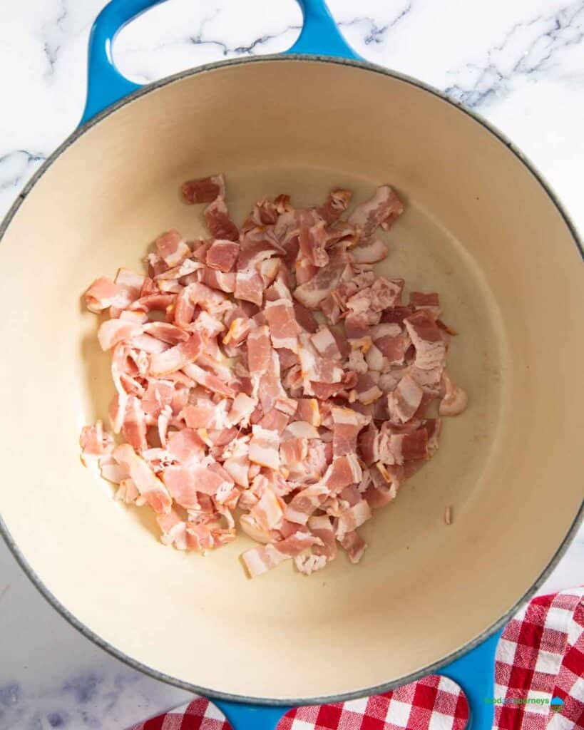 Frying the bacon for deeper flavor as well as garnish for the traditional lentil soup from south Germany.