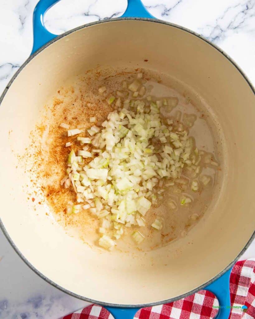 Sautéing of onions in the the oil from bacon helps in deepening the flavor of this traditional linsensuppe.