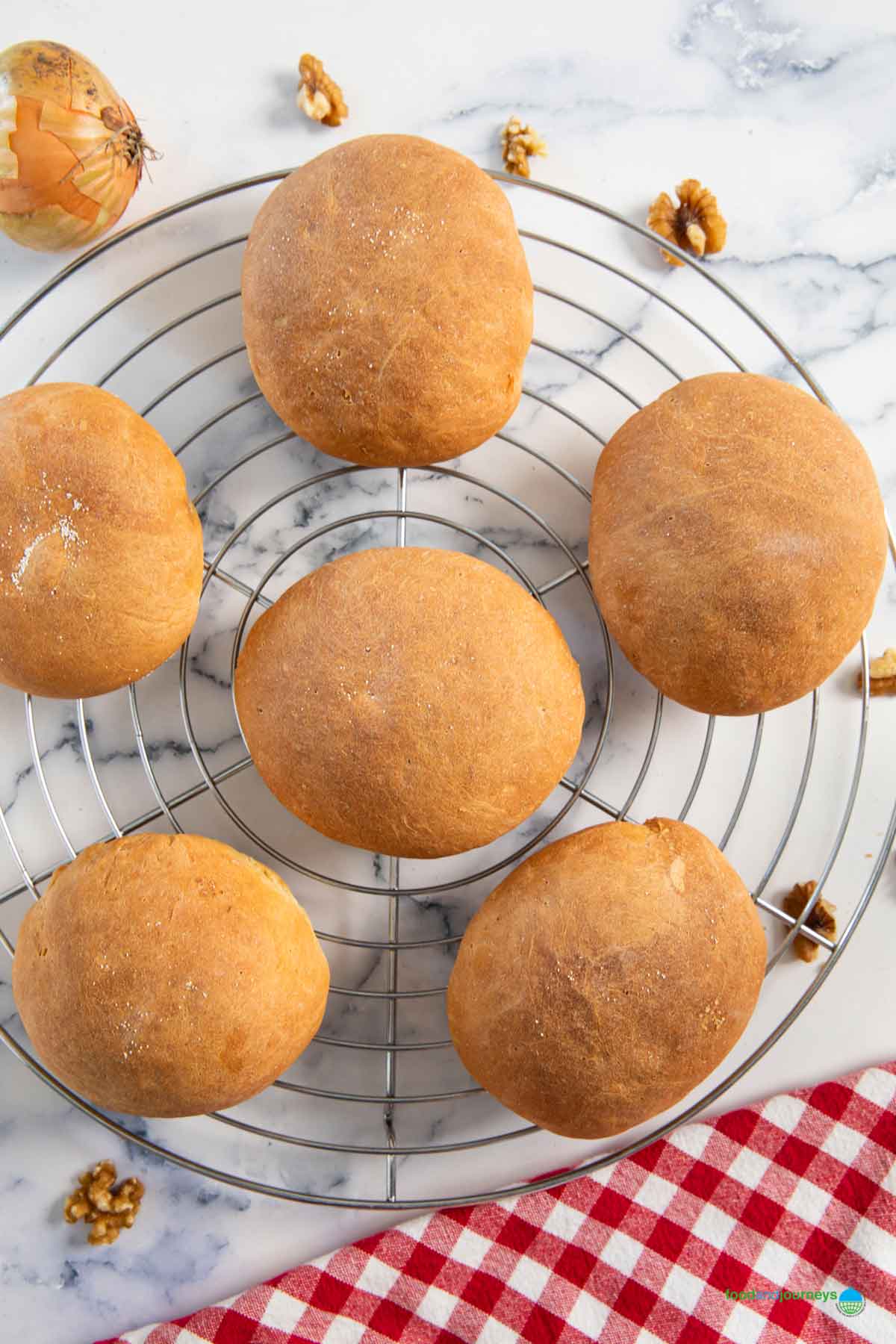 Freshly baked Lebanese onion and walnut bread, cooling on a rack.